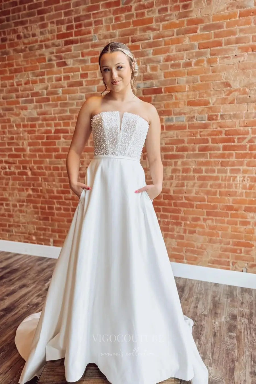 Ivory Satin A-Line Wedding Dress with Pearl Corset Bodice, Pockets, and Chapel Train – W2319