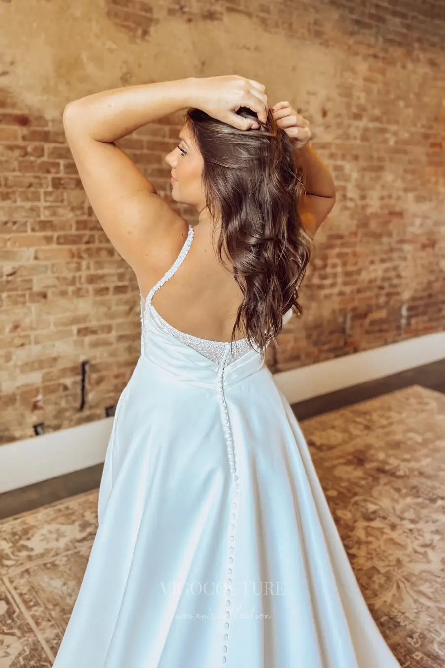 Wedding Dresses 2025 to impress Ivory Satin A-Line Wedding Dress with Pleated Bodice, Beaded Straps, Basque Waist, Illusion Button Back & Pockets – W2621-vigocouture-vigocouture