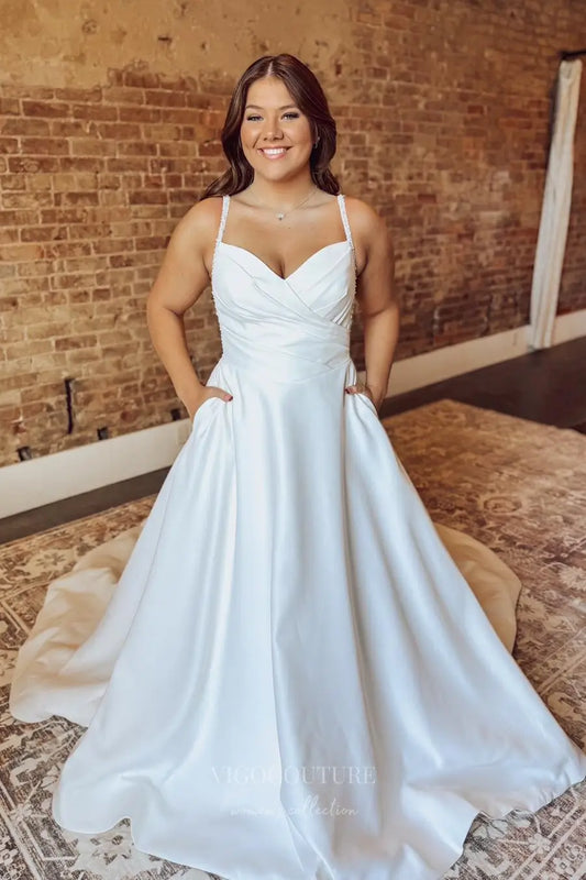 Ivory Satin A-Line Wedding Dress with Pleated Bodice, Beaded Straps, Basque Waist, Illusion Button Back & Pockets – W2621