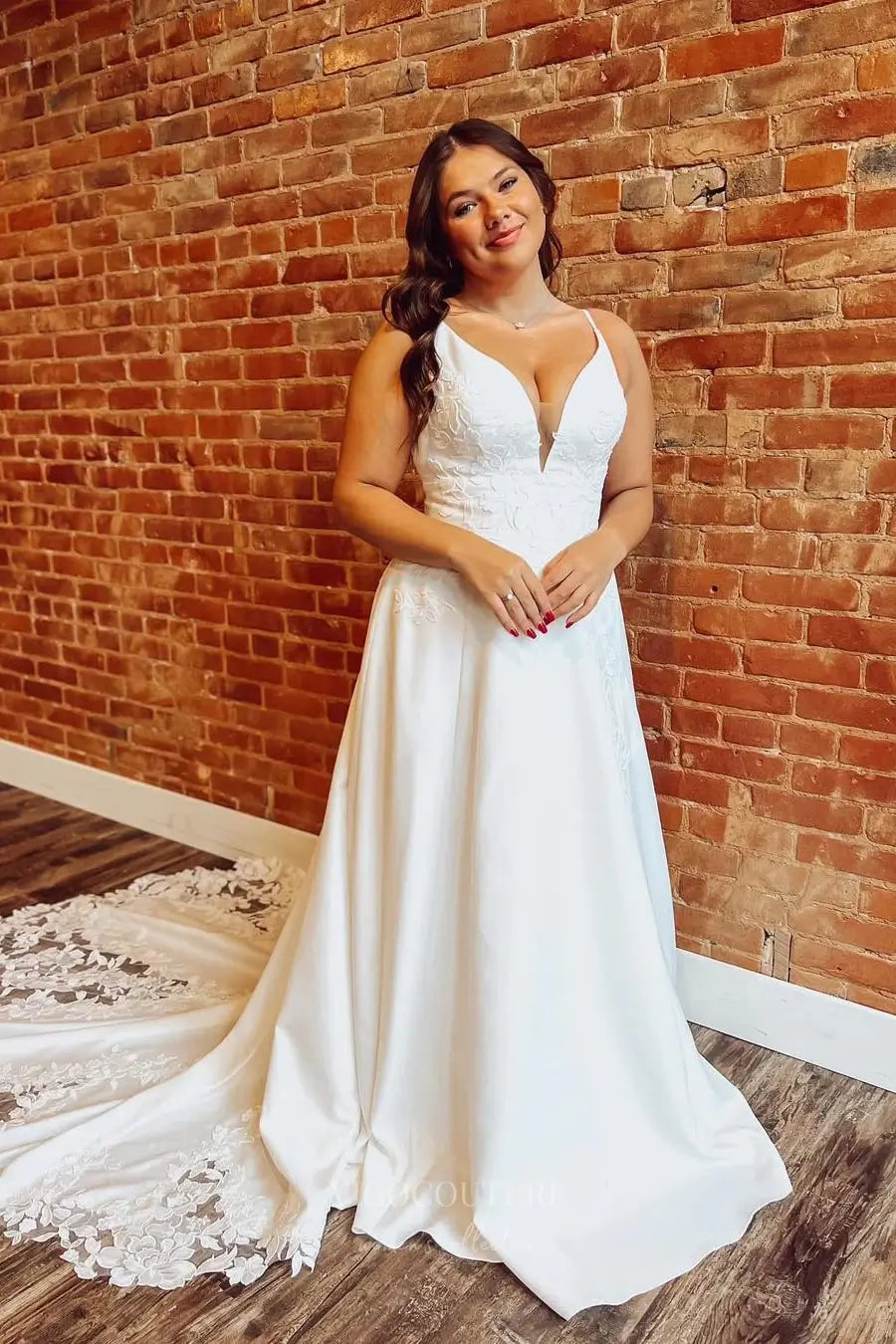Wedding Dresses 2025 to impress Ivory Satin A-Line Wedding Dress with Plunging V-Neckline, Pockets & Lace Cathedral Train – W2247-vigocouture-vigocouture