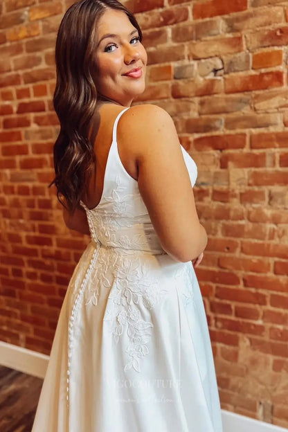 Wedding Dresses 2025 to impress Ivory Satin A-Line Wedding Dress with Plunging V-Neckline, Pockets & Lace Cathedral Train – W2247-vigocouture-vigocouture