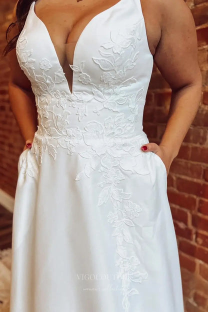 Wedding Dresses 2025 to impress Ivory Satin A-Line Wedding Dress with Plunging V-Neckline, Pockets & Lace Cathedral Train – W2247-vigocouture-vigocouture