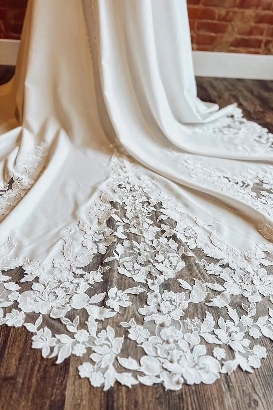 Wedding Dresses 2025 to impress Ivory Satin A-Line Wedding Dress with Plunging V-Neckline, Pockets & Lace Cathedral Train – W2247-vigocouture-vigocouture