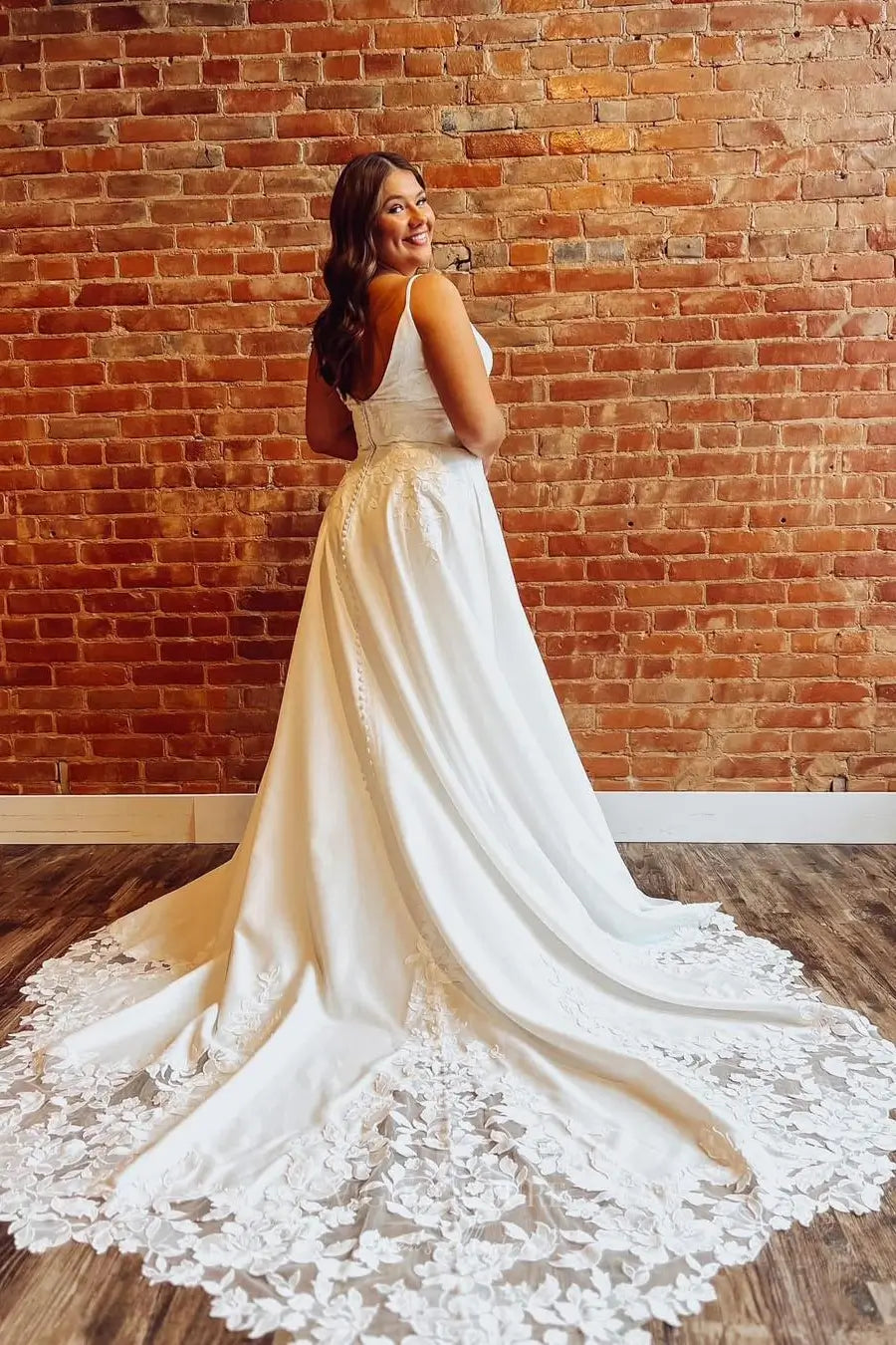 Ivory Satin A-Line Wedding Dress with Plunging V-Neckline, Pockets & Lace Cathedral Train – W2247