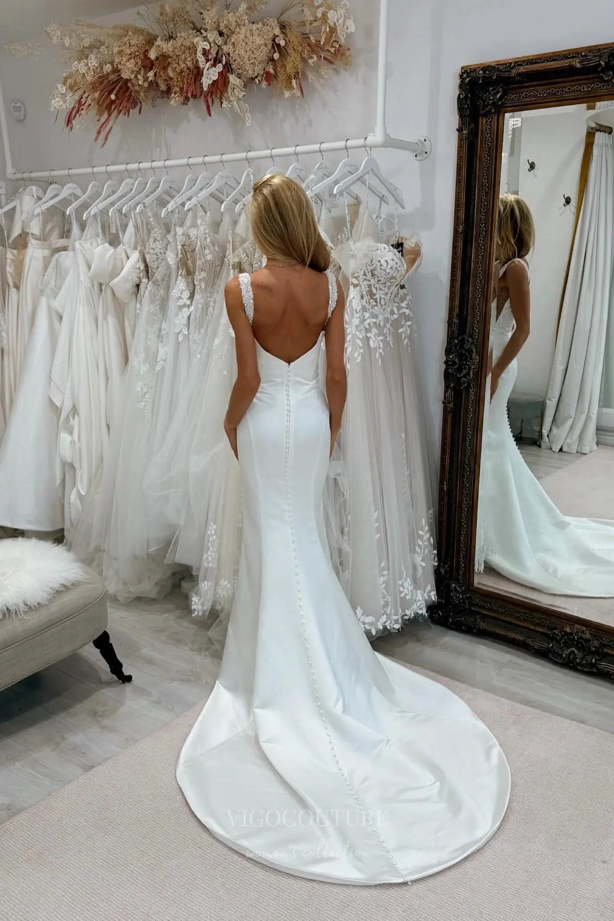 Wedding Dresses 2025 to impress Ivory Satin Mermaid Wedding Dress with Beaded Straps, Ruched Bodice & Slit – W2307-vigocouture-vigocouture