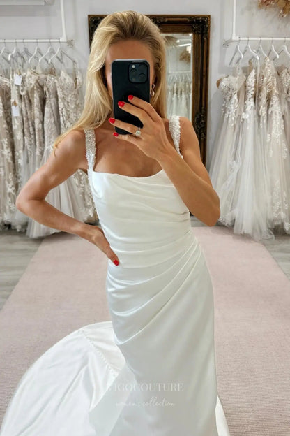 Wedding Dresses 2025 to impress Ivory Satin Mermaid Wedding Dress with Beaded Straps, Ruched Bodice & Slit – W2307-vigocouture-vigocouture