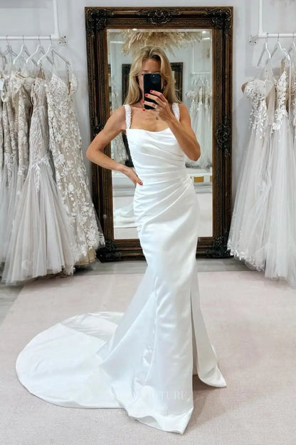 Ivory Satin Mermaid Wedding Dress with Beaded Straps, Ruched Bodice & Slit – W2307