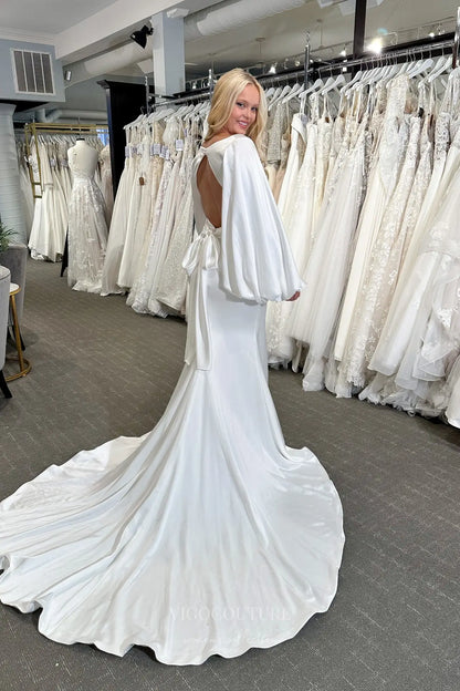 Wedding Dresses 2025 to impress Ivory Satin Mermaid Wedding Dress with Bishop Sleeves, Deep V Neckline & Chapel Train – W2336-vigocouture-vigocouture