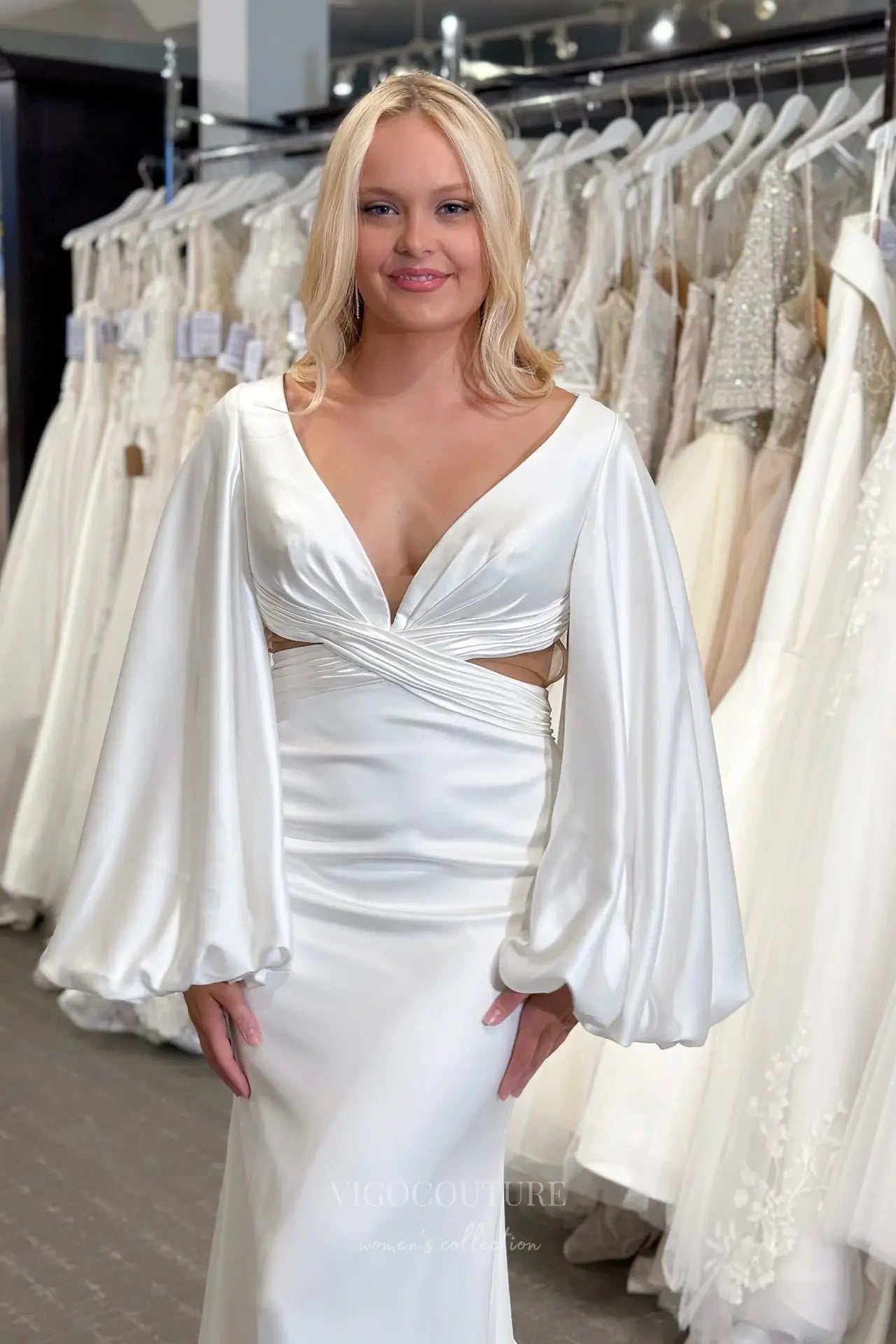 Wedding Dresses 2025 to impress Ivory Satin Mermaid Wedding Dress with Bishop Sleeves, Deep V Neckline & Chapel Train – W2336-vigocouture-vigocouture