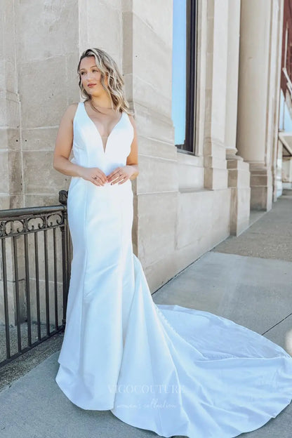 Wedding Dresses 2025 to impress Ivory Satin Mermaid Wedding Dress with Plunging V-Neck, Low Back Bow & Chapel Train – W2306-vigocouture-vigocouture