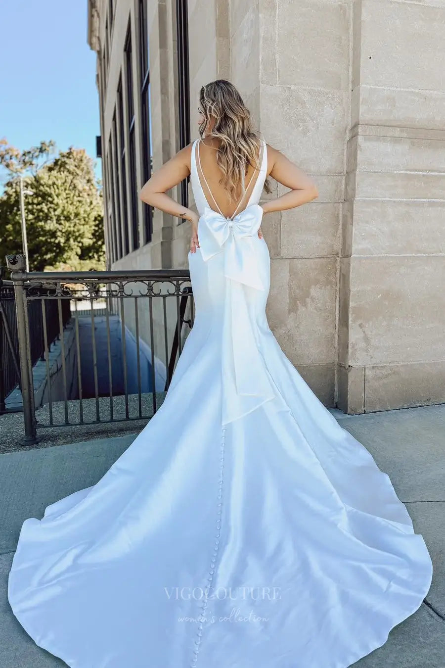 Ivory Satin Mermaid Wedding Dress with Plunging V-Neck, Low Back Bow & Chapel Train – W2306
