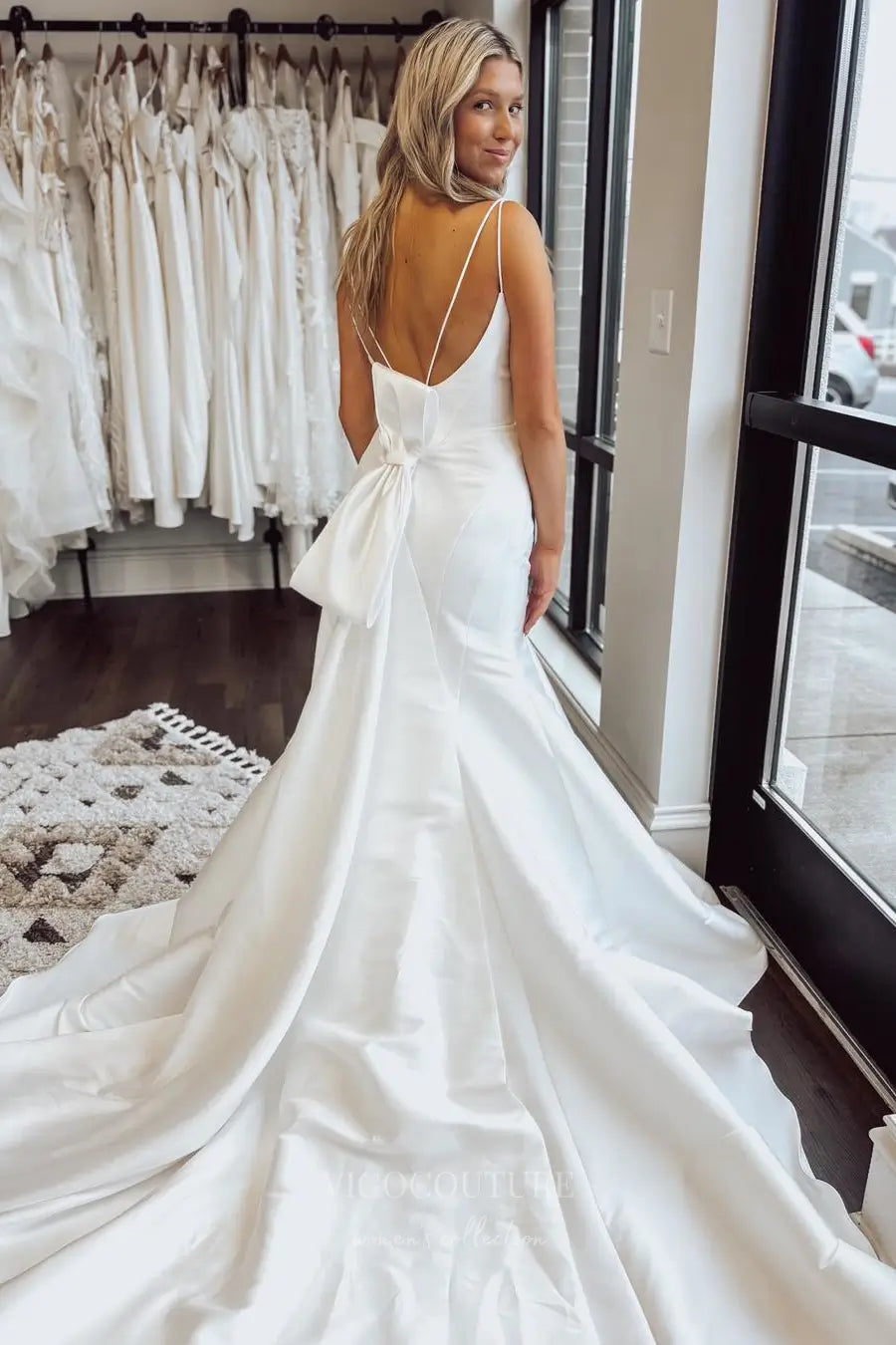 Wedding Dresses 2025 to impress Ivory Satin Mermaid Wedding Dress with Spaghetti Straps, Back Bow & Chapel Train – W2311-vigocouture-vigocouture