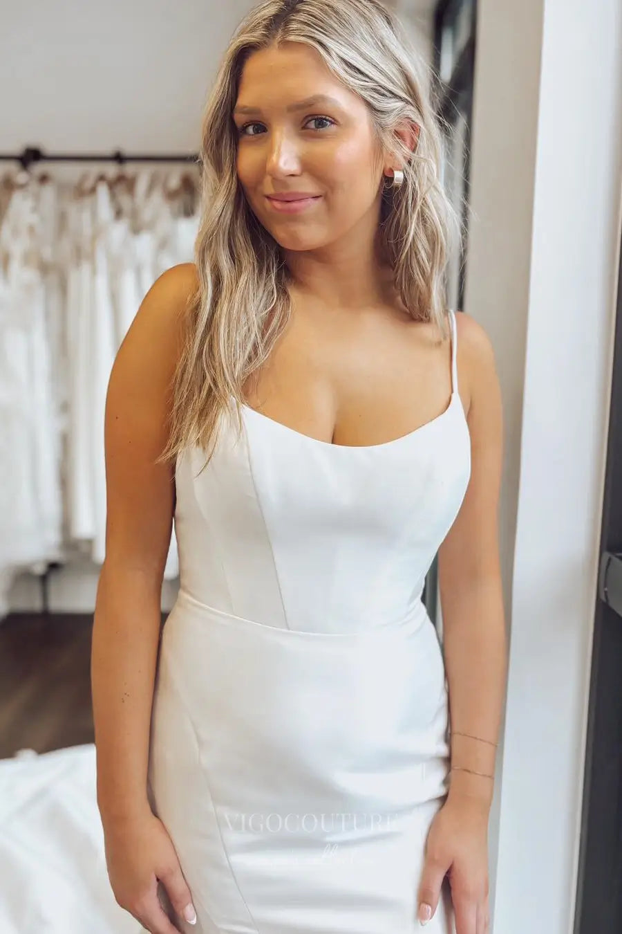 Wedding Dresses 2025 to impress Ivory Satin Mermaid Wedding Dress with Spaghetti Straps, Back Bow & Chapel Train – W2311-vigocouture-vigocouture