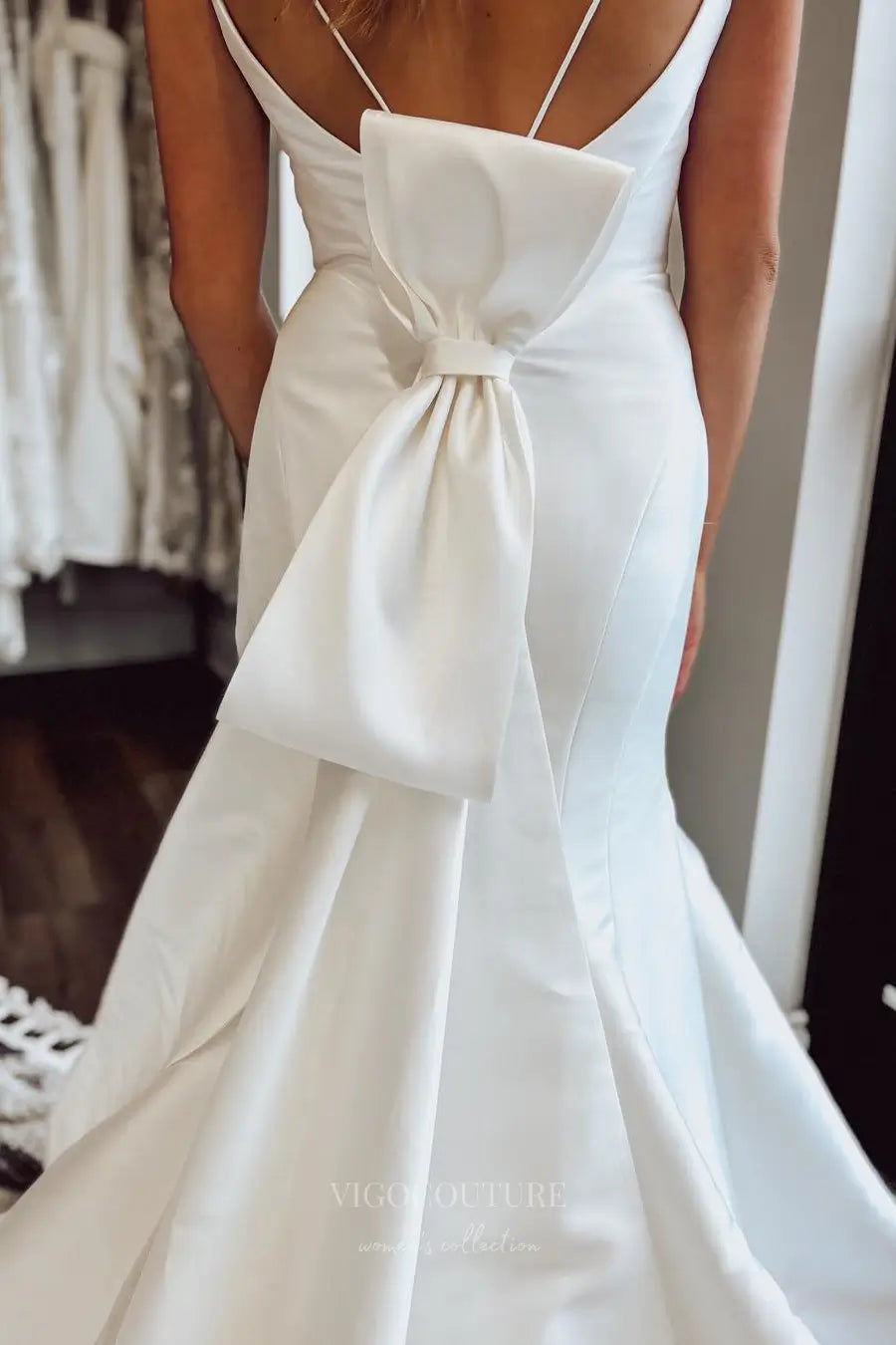 Wedding Dresses 2025 to impress Ivory Satin Mermaid Wedding Dress with Spaghetti Straps, Back Bow & Chapel Train – W2311-vigocouture-vigocouture