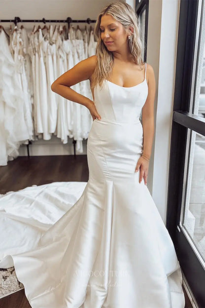 Ivory Satin Mermaid Wedding Dress with Spaghetti Straps, Back Bow & Chapel Train – W2311