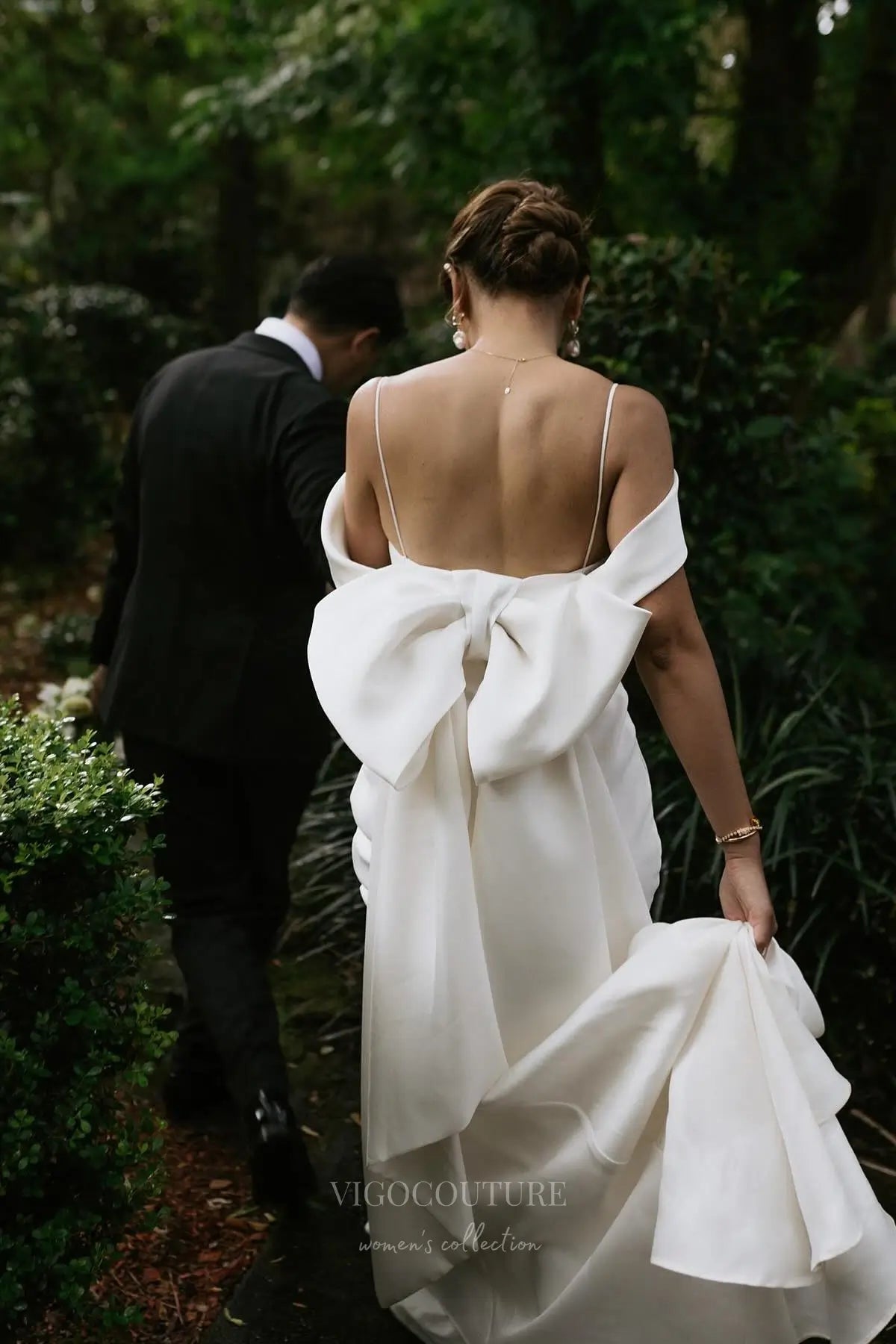 Wedding Dresses 2025 to impress Ivory Satin Off-Shoulder Wedding Dress with Oversized Bow Back, Straight Neckline & Sweep Train – W2299-vigocouture-vigocouture