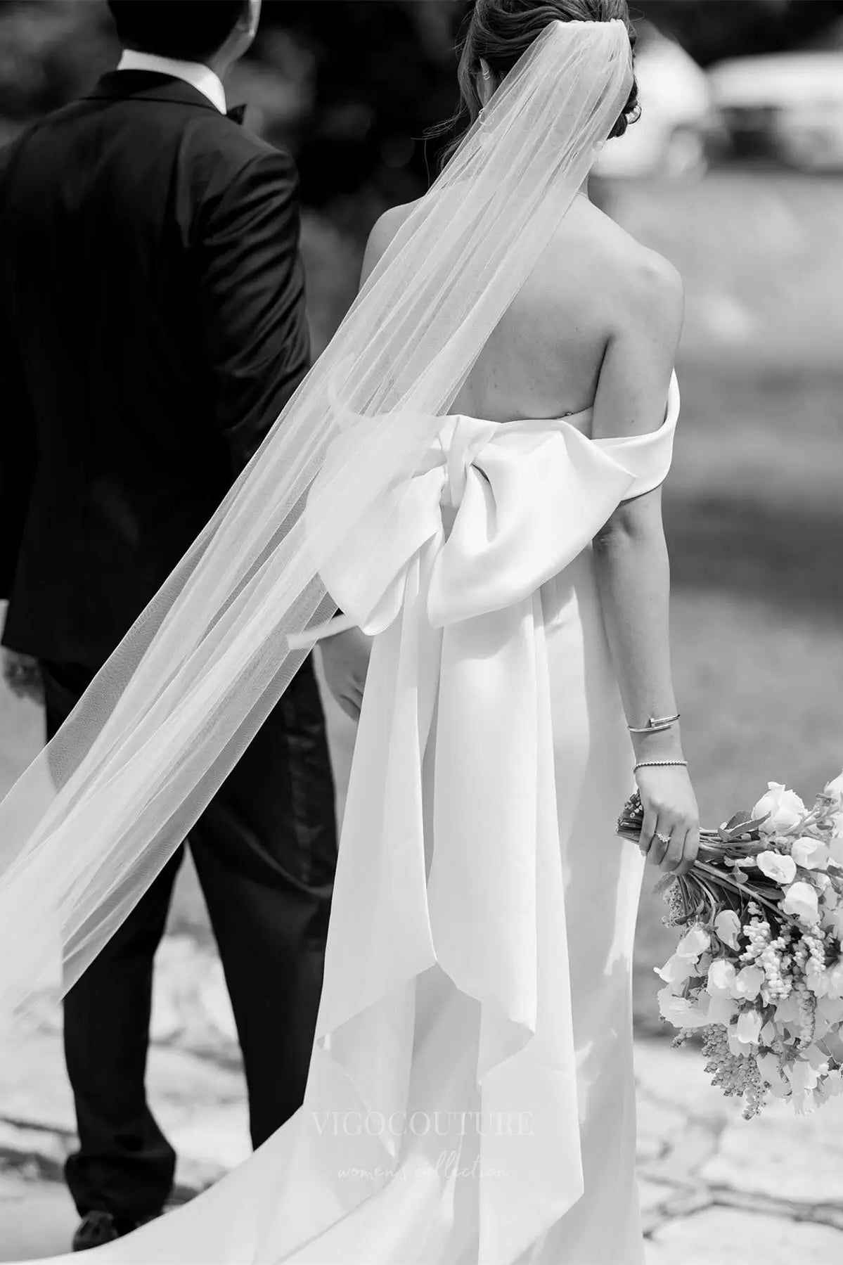 Wedding Dresses 2025 to impress Ivory Satin Off-Shoulder Wedding Dress with Oversized Bow Back, Straight Neckline & Sweep Train – W2299-vigocouture-vigocouture