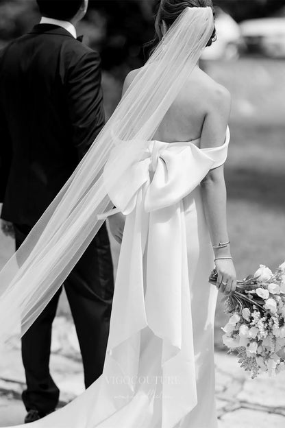 Wedding Dresses 2025 to impress Ivory Satin Off-Shoulder Wedding Dress with Oversized Bow Back, Straight Neckline & Sweep Train – W2299-vigocouture-vigocouture
