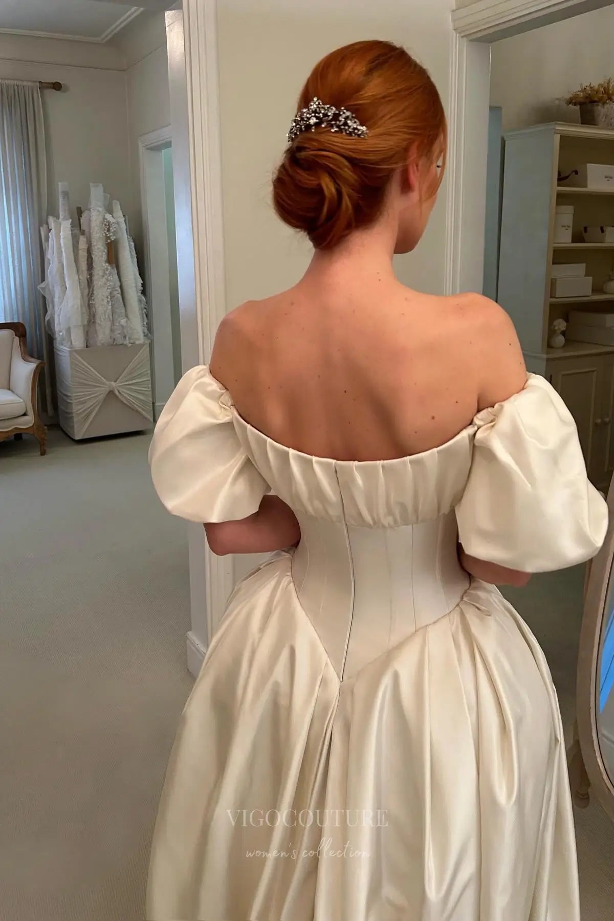 Wedding Dresses 2025 to impress Ivory Satin Off-Shoulder Wedding Dress with Puff Sleeves, Basque Waist & Chapel Train – W2324-vigocouture-vigocouture