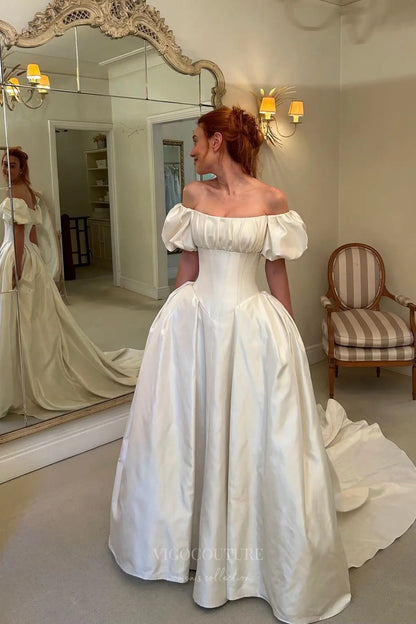 Ivory Satin Off-Shoulder Wedding Dress with Puff Sleeves, Basque Waist & Chapel Train – W2324