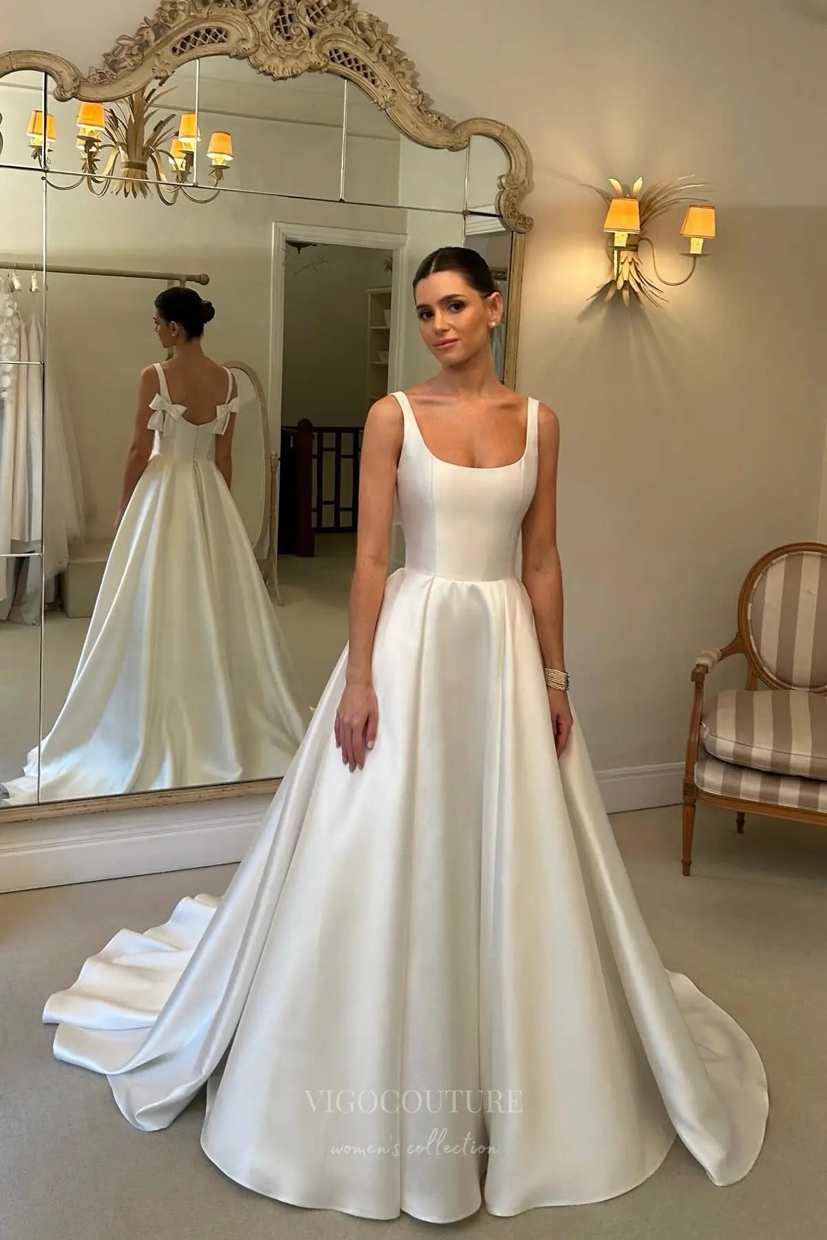 Wedding Dresses 2025 to impress Ivory Satin Square Neck Wedding Dress with Bow Back, Thick Straps & Cathedral Train – W2325-vigocouture-vigocouture