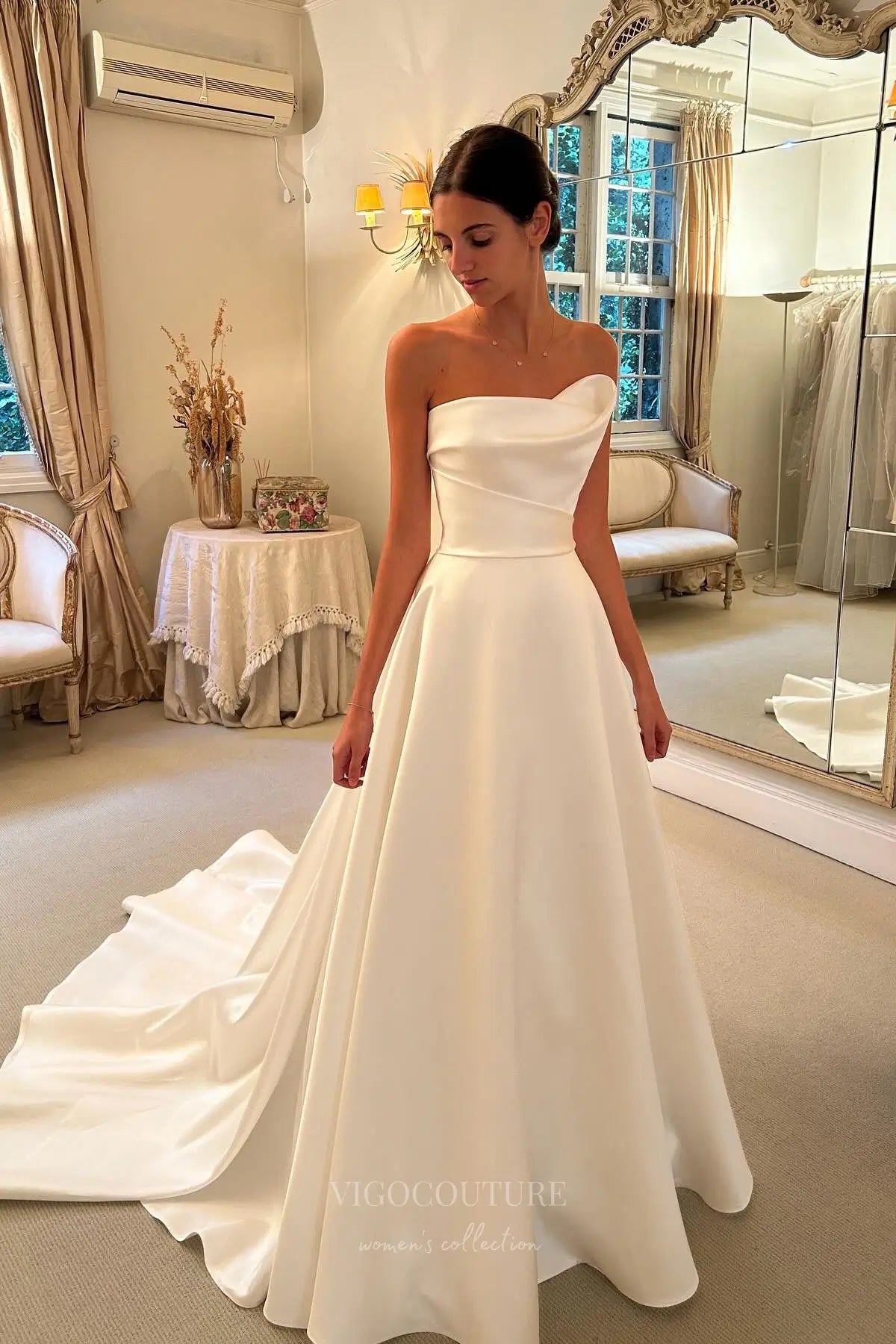 Ivory Satin Strapless Wedding Dress with Folded Neckline, Corset Bodice & Cathedral Train – W2329