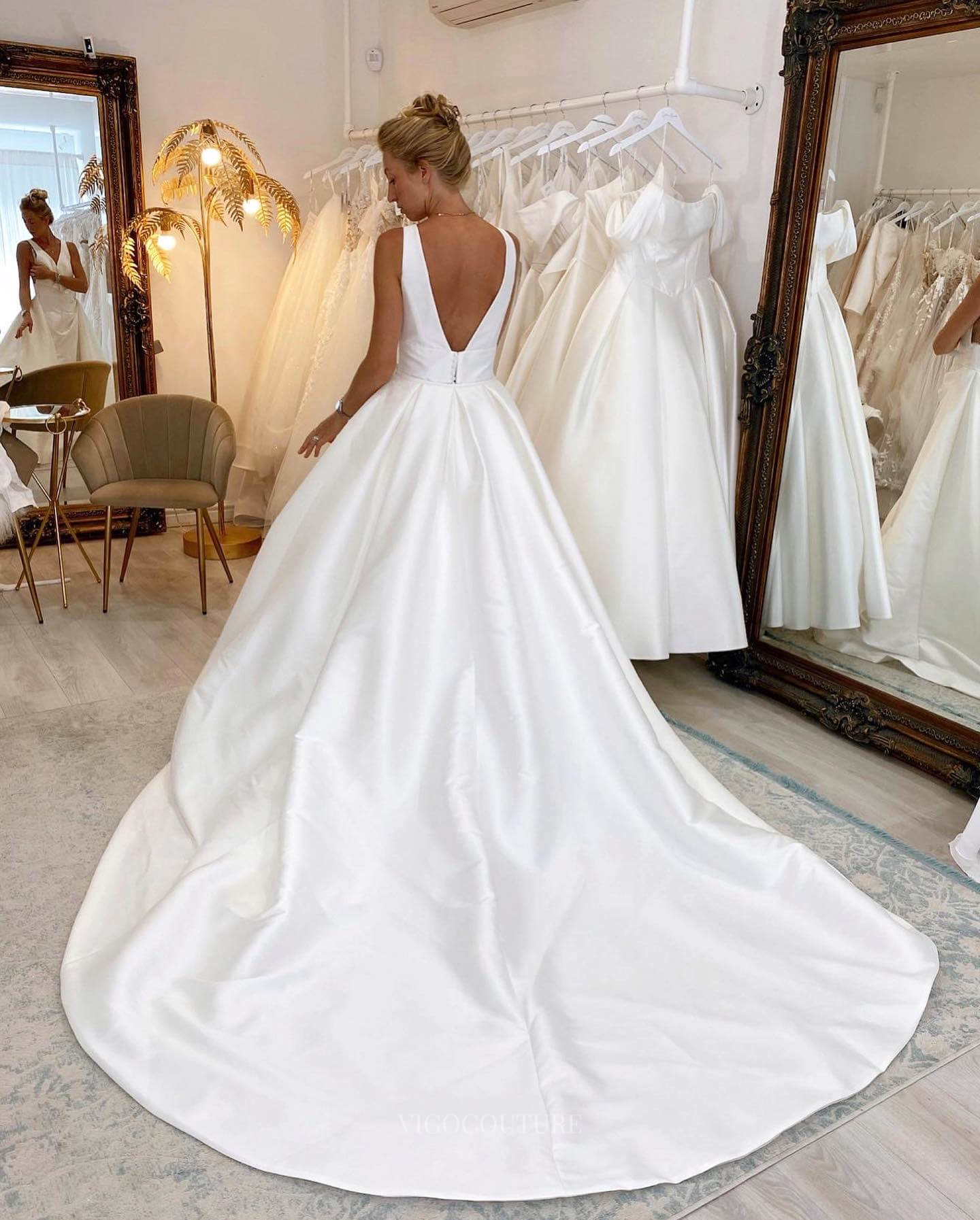 Ivory Satin V-Neck Wedding Dress with Slit Overskirt Chapel Train Bridal Gown W0115-Wedding Dresses-vigocouture-Ivory-US2-vigocouture