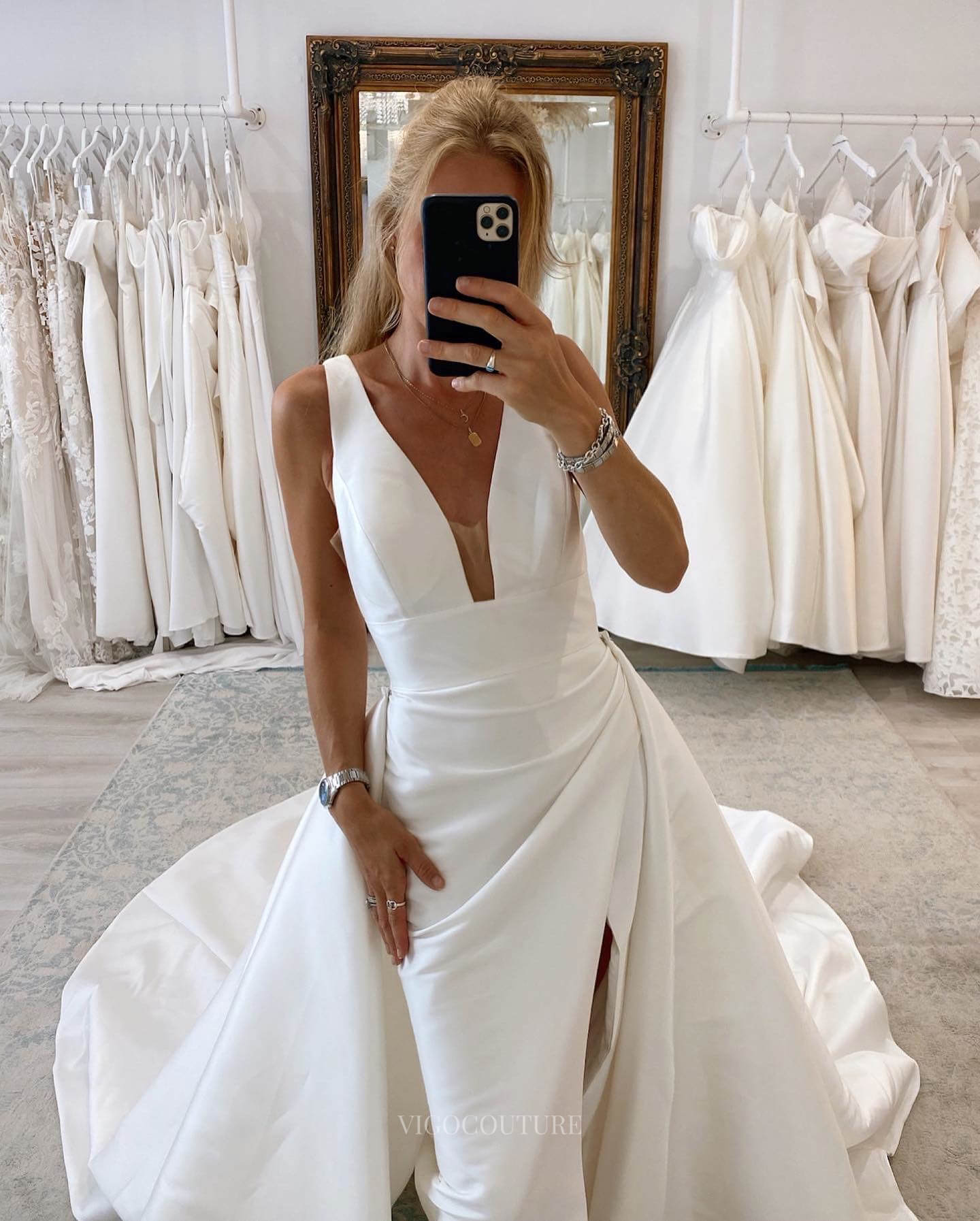 Ivory Satin V-Neck Wedding Dress with Slit Overskirt Chapel Train Bridal Gown W0115-Wedding Dresses-vigocouture-Ivory-US2-vigocouture