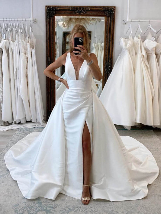 Ivory Satin V-Neck Wedding Dress with Slit Overskirt Chapel Train Bridal Gown W0115-Wedding Dresses-vigocouture-Ivory-US2-vigocouture