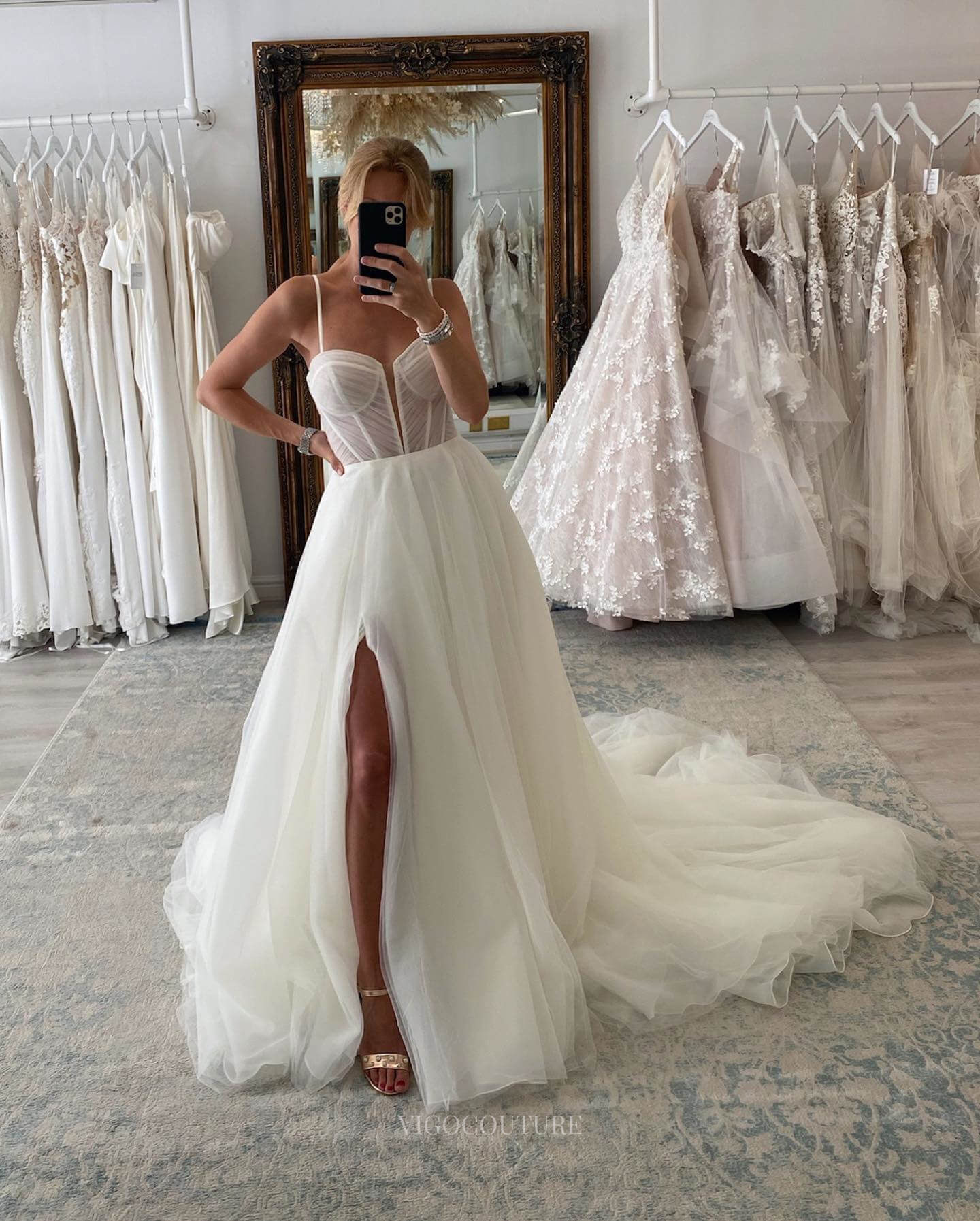 Ivory Sheer Plunging V-Neck Wedding Dress with Slit Removable Sleeve B vigocouture Ivory Sheer Plunging V-Neck Wedding Dress with Slit Removable Sleeve B vigocouture