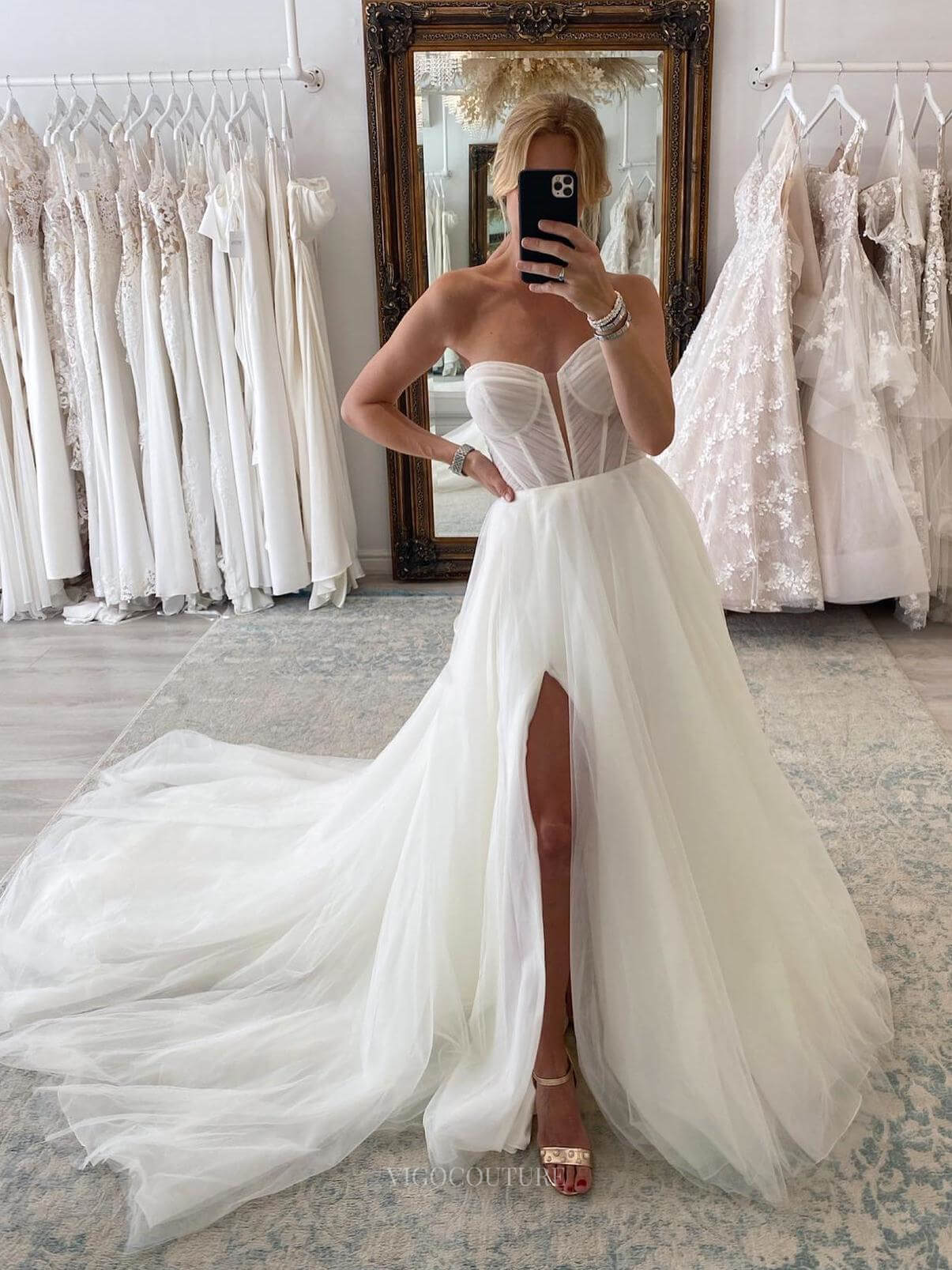 Ivory Sheer Plunging V-Neck Wedding Dress with Slit Removable Sleeve Bridal Gown W0108-Wedding Dresses-vigocouture-Ivory-US2-vigocouture