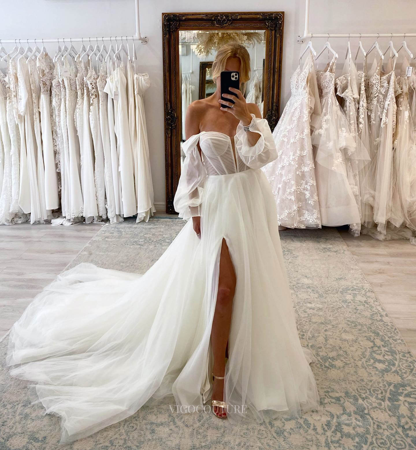 Ivory Sheer Plunging V-Neck Wedding Dress with Slit Removable Sleeve Bridal Gown W0108-Wedding Dresses-vigocouture-Ivory-US2-vigocouture