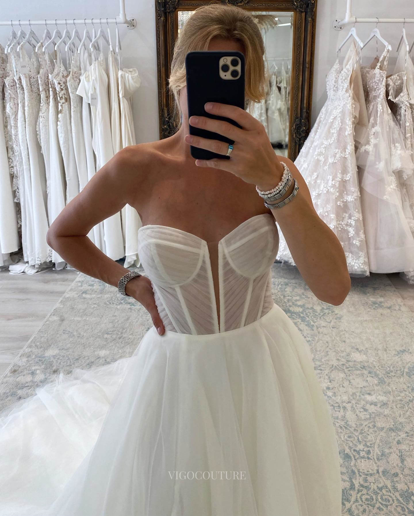 Ivory Sheer Plunging V-Neck Wedding Dress with Slit Removable Sleeve Bridal Gown W0108-Wedding Dresses-vigocouture-Ivory-US2-vigocouture