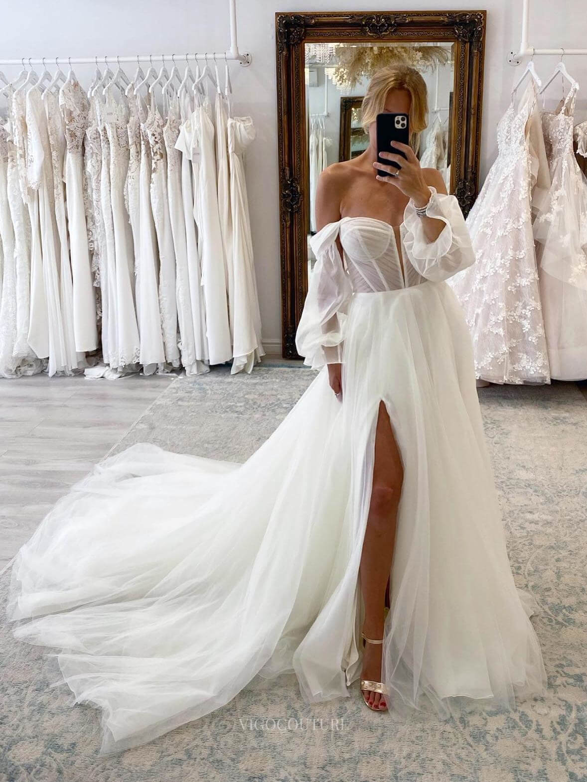 Ivory Sheer Plunging V-Neck Wedding Dress with Slit Removable Sleeve Bridal Gown W0108-Wedding Dresses-vigocouture-Ivory-US2-vigocouture