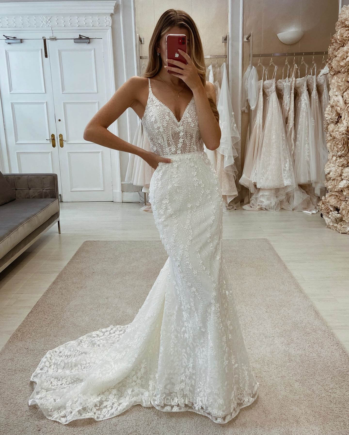 Ivory Spaghetti Strap V-Neck Wedding Dress Lace Applique Mermaid Bridal Gown w0151-Wedding Dresses-vigocouture-Ivory-US2-vigocouture