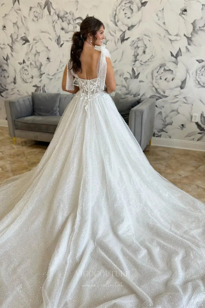 Wedding Dresses 2025 to impress Ivory Sparkle Tulle A-Line Wedding Dress with Sweetheart Neckline, Sheer Corset Bodice, Detachable Bow Sleeves, Chapel Train – W2252-vigocouture-vigocouture