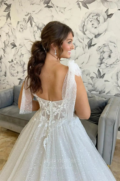Wedding Dresses 2025 to impress Ivory Sparkle Tulle A-Line Wedding Dress with Sweetheart Neckline, Sheer Corset Bodice, Detachable Bow Sleeves, Chapel Train – W2252-vigocouture-vigocouture