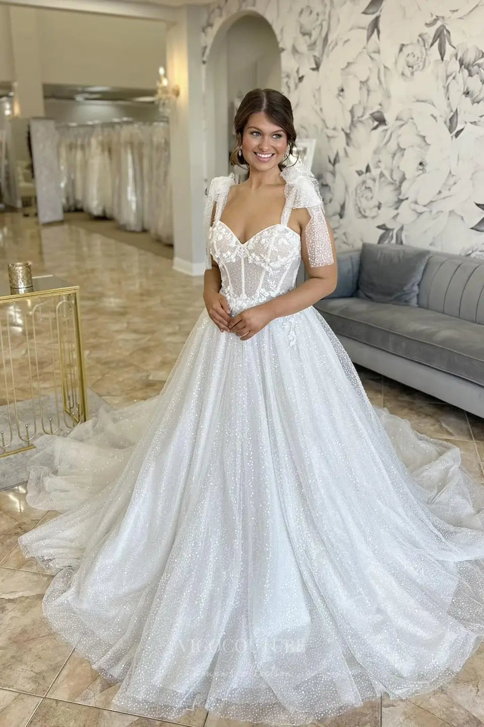 Ivory Sparkle Tulle A-Line Wedding Dress with Sweetheart Neckline, Sheer Corset Bodice, Detachable Bow Sleeves, Chapel Train – W2252