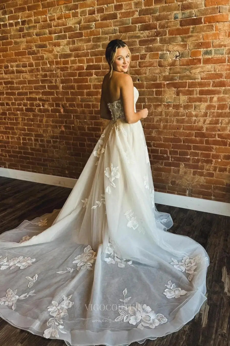Wedding Dresses 2025 to impress Ivory Strapless Floral Appliqué Wedding Dress with Sheer Corset Bodice, Basque Waist & Chapel Train – W2248-vigocouture-vigocouture