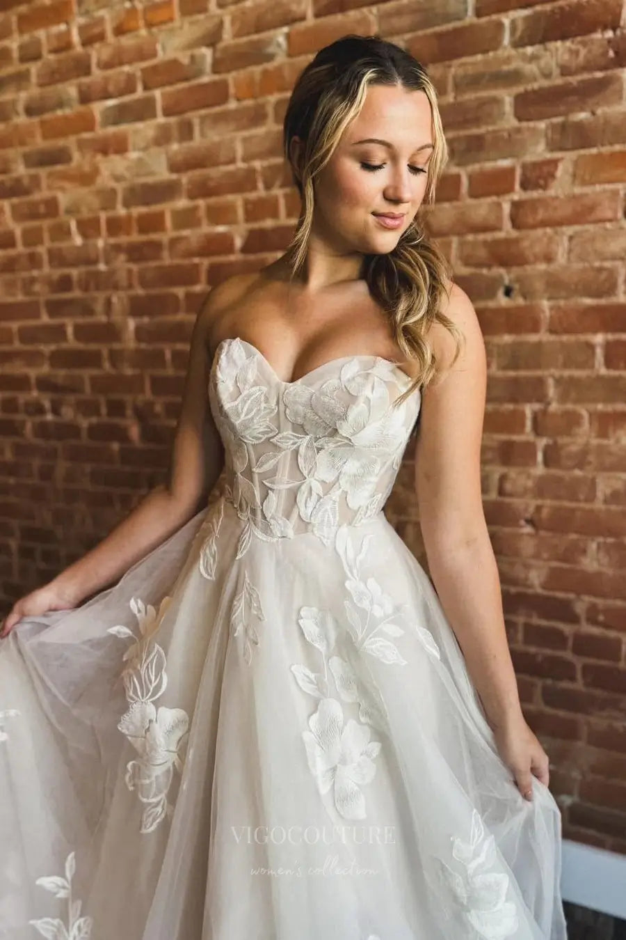 Wedding Dresses 2025 to impress Ivory Strapless Floral Appliqué Wedding Dress with Sheer Corset Bodice, Basque Waist & Chapel Train – W2248-vigocouture-vigocouture
