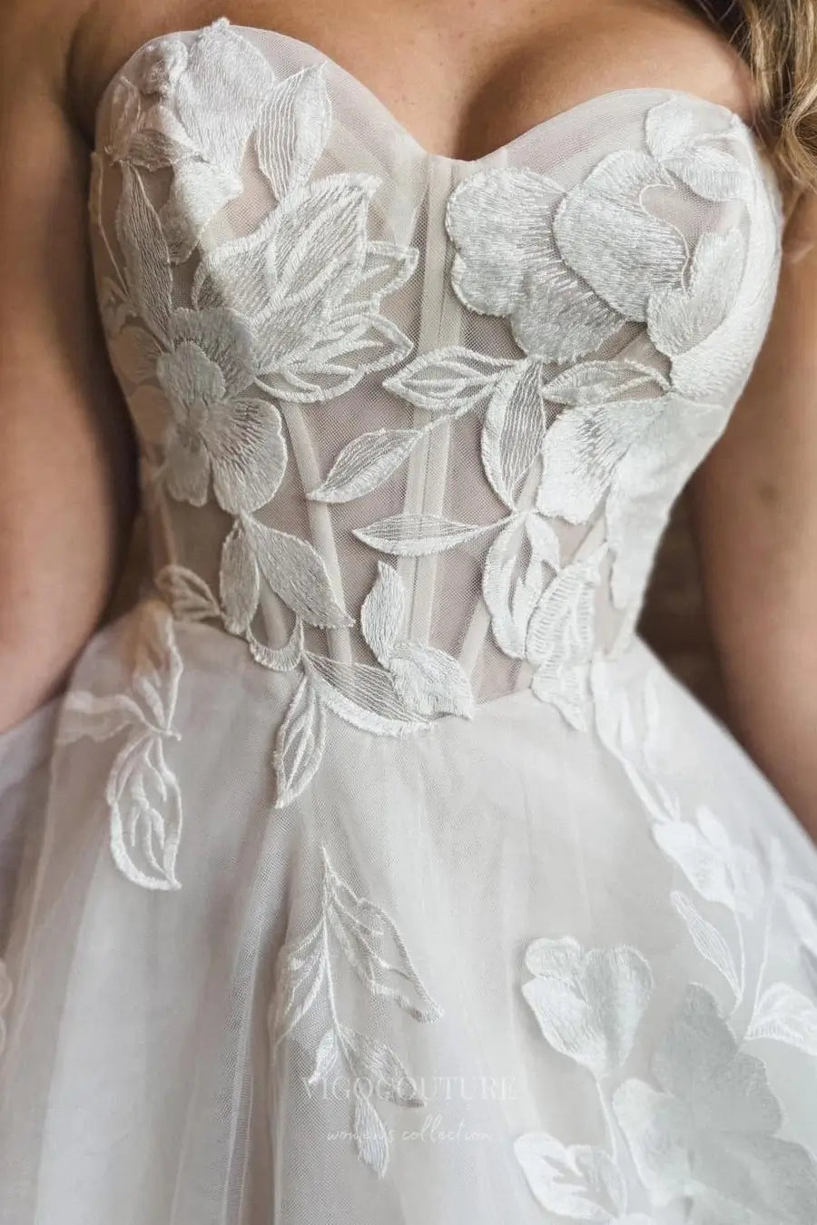 Wedding Dresses 2025 to impress Ivory Strapless Floral Appliqué Wedding Dress with Sheer Corset Bodice, Basque Waist & Chapel Train – W2248-vigocouture-vigocouture