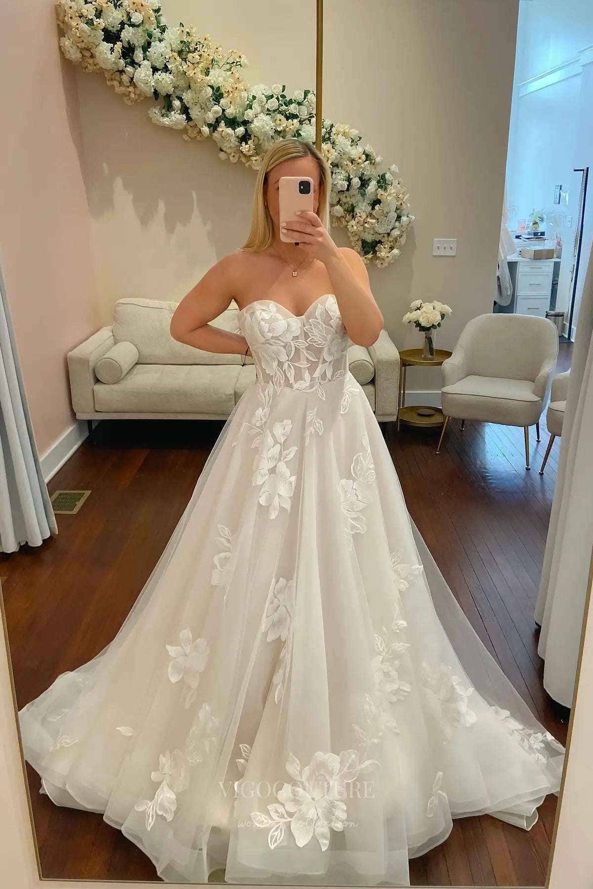 Wedding Dresses 2025 to impress Ivory Strapless Floral Appliqué Wedding Dress with Sheer Corset Bodice, Basque Waist & Chapel Train – W2248-vigocouture-vigocouture