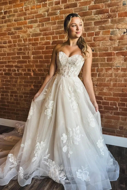 Ivory Strapless Floral Appliqué Wedding Dress with Sheer Corset Bodice, Basque Waist & Chapel Train – W2248