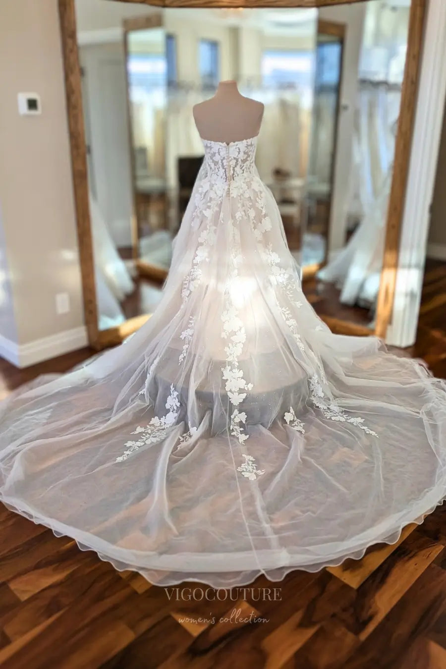Wedding Dresses 2025 to impress Ivory Strapless Floral Lace Appliqué Wedding Dress with Sweetheart Neck, Sheer Corset & Cathedral Train – W2249-vigocouture-vigocouture