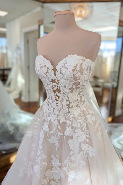 Wedding Dresses 2025 to impress Ivory Strapless Floral Lace Appliqué Wedding Dress with Sweetheart Neck, Sheer Corset & Cathedral Train – W2249-vigocouture-vigocouture