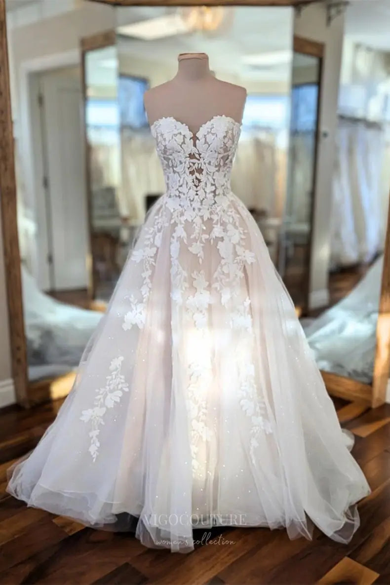 Ivory Strapless Floral Lace Appliqué Wedding Dress with Sweetheart Neck, Sheer Corset & Cathedral Train – W2249