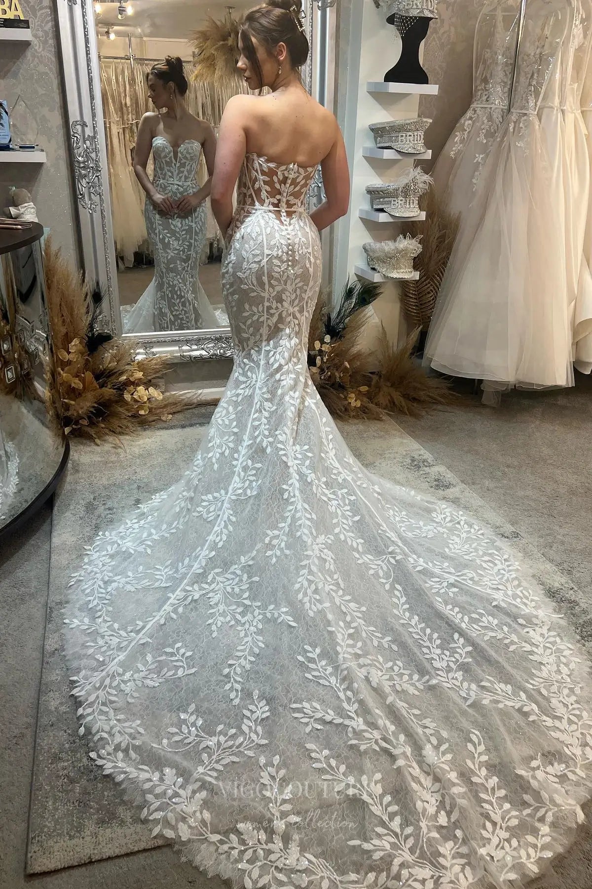 Wedding Dresses 2025 to impress Ivory Strapless Lace Mermaid Wedding Dress with Sweetheart Neckline, Sheer Corset Back & Chapel Train – W2278-vigocouture-vigocouture