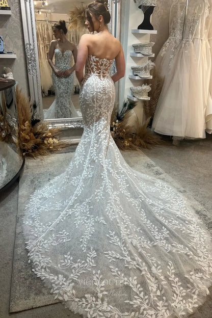 Wedding Dresses 2025 to impress Ivory Strapless Lace Mermaid Wedding Dress with Sweetheart Neckline, Sheer Corset Back & Chapel Train – W2278-vigocouture-vigocouture