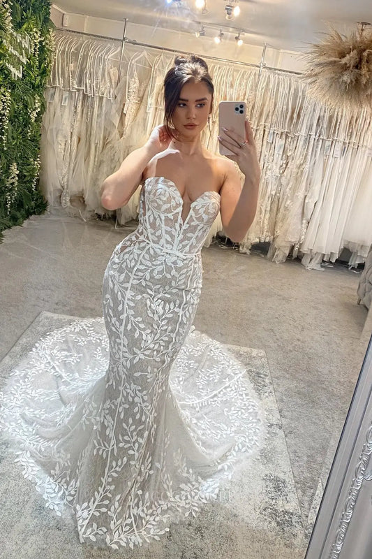 Ivory Strapless Lace Mermaid Wedding Dress with Sweetheart Neckline, Sheer Corset Back & Chapel Train – W2278