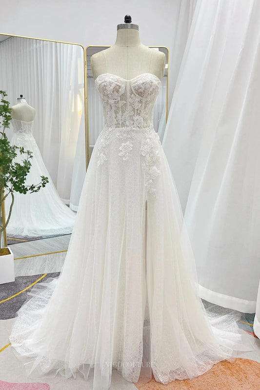 Wedding Dresses 2025 to impress Ivory Strapless Lace Tulle Wedding Dress with Slit, Chapel Train & Sweetheart Neckline - MQ037-vigocouture-Ivory-Custom Size-vigocouture